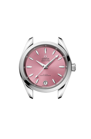 Profilo laterale della cassa in acciaio lucido e spazzolato da 34 mm con vetro zaffiro bombato antiriflesso e corona a vite Omega.